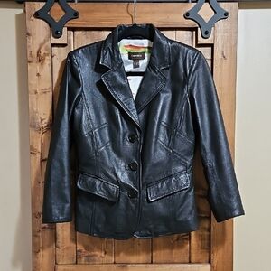 Danier Vintage Black Leather Tailored Jacket with Floral Lining Size XS